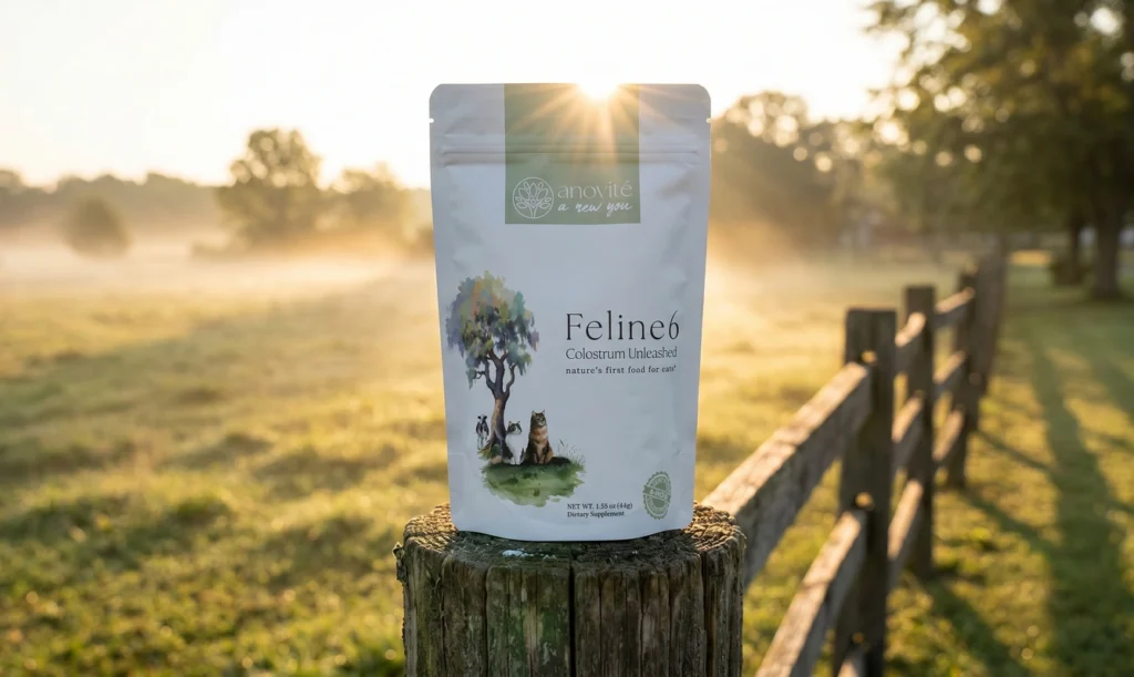 Anovité Feline6 for cats product shot at farm