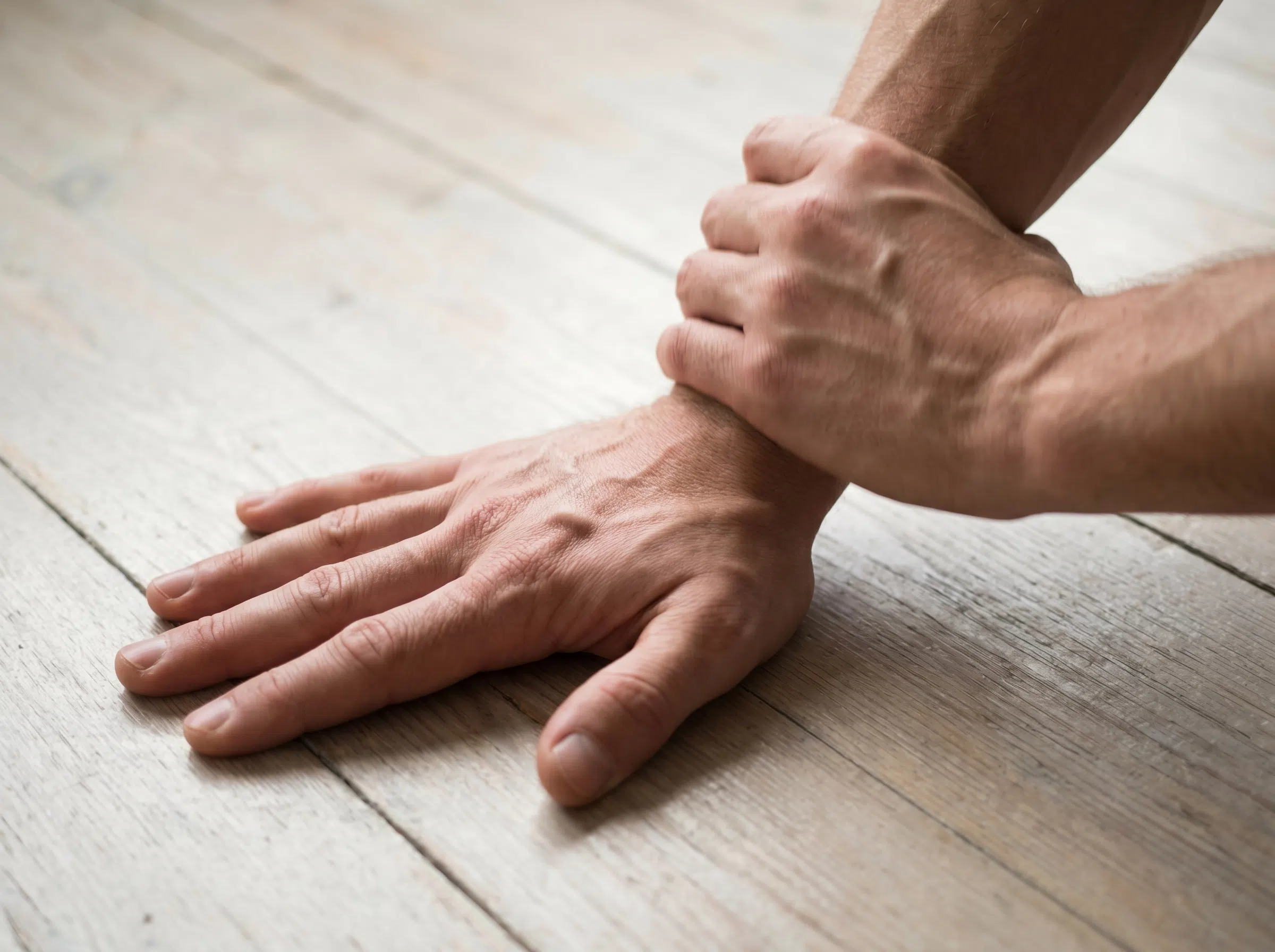 Die Hände eines Sportlers bei einer aktiven Handgelenksdehnung auf einer Trainingsfläche aus Holz, die die durch Kolostrum unterstützte Regeneration symbolisiert.