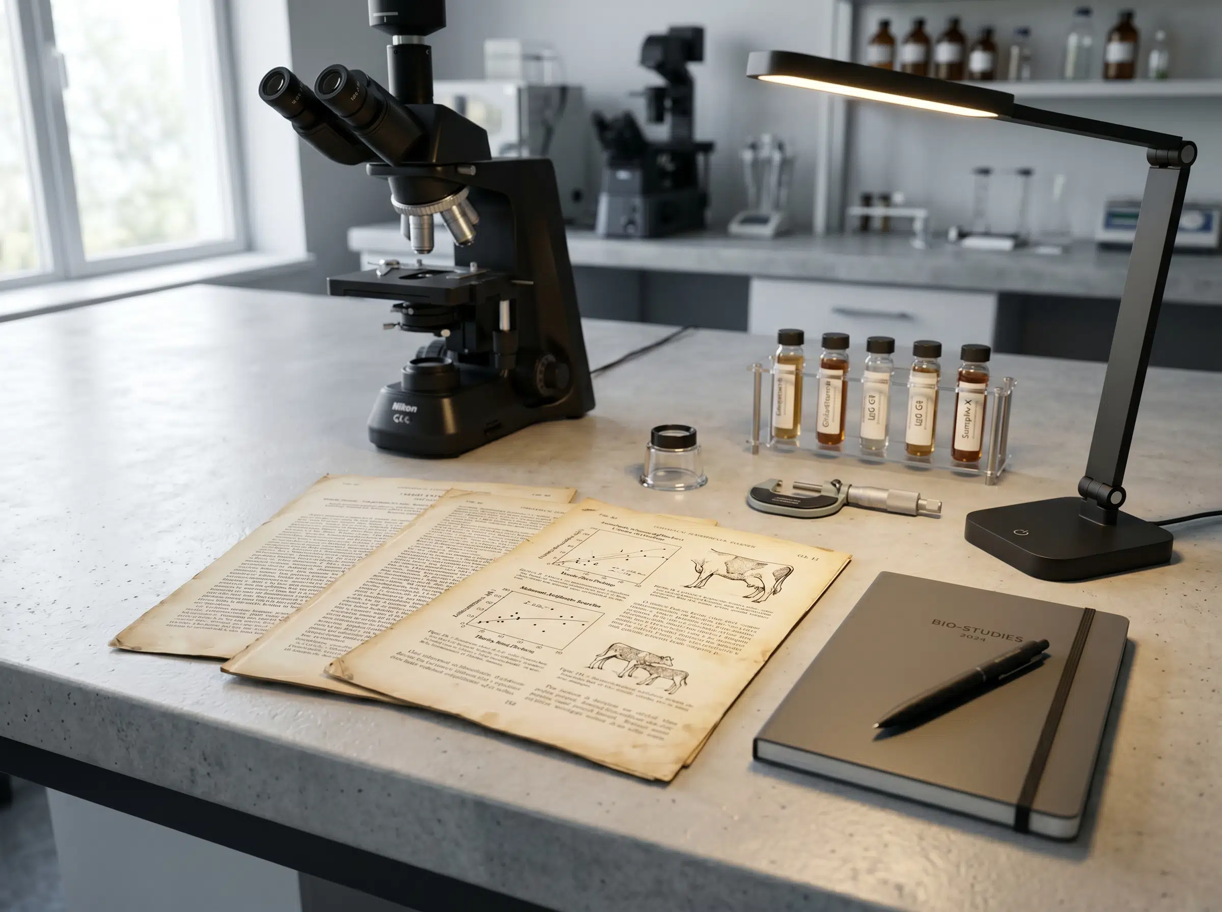 Ein antiker Forschungsschreibtisch mit Mikroskop, Probenfläschchen und historischen wissenschaftlichen Abhandlungen, die die Geschichte der Kolostrumforschung nachzeichnen.