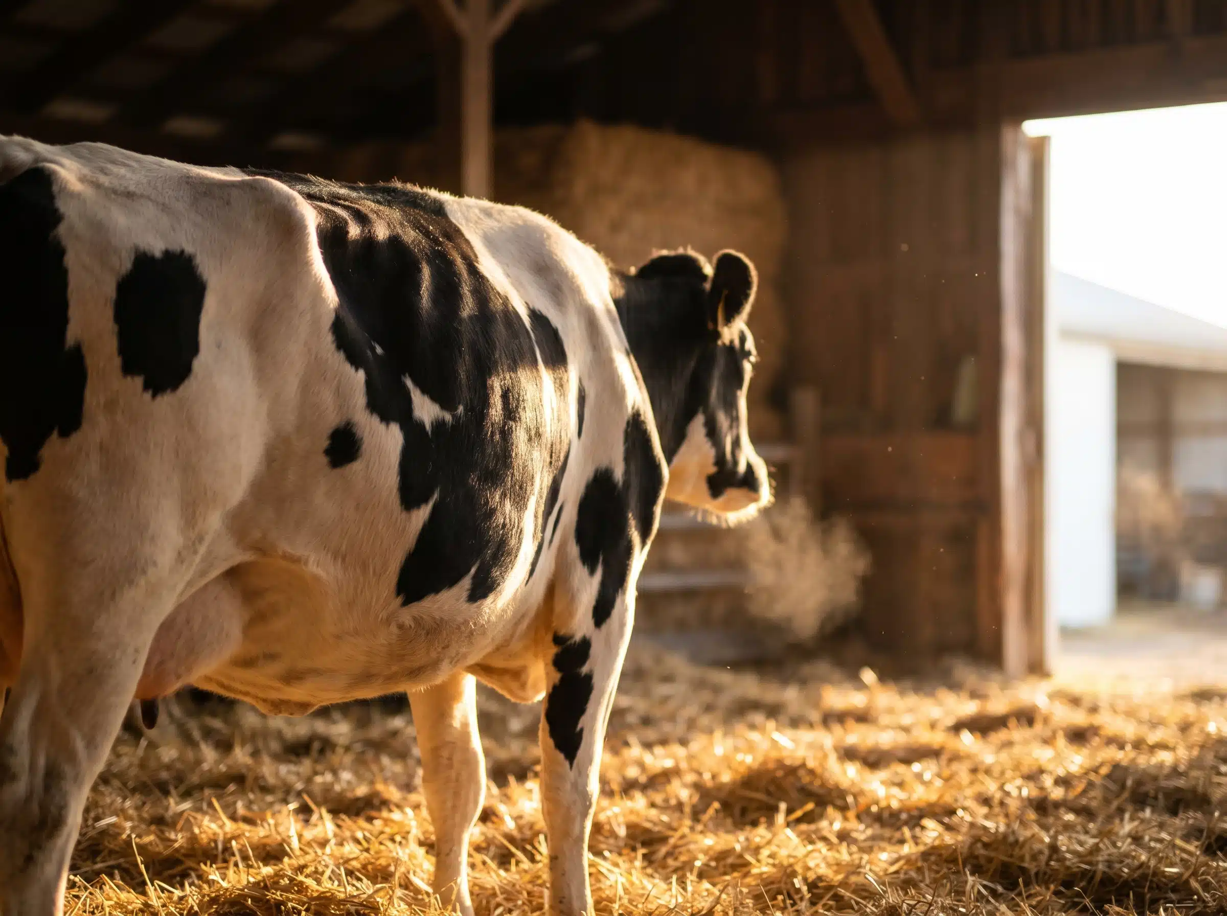 Eine Holstein-Milchkuh, die in einem sonnendurchfluteten Stall steht – das Spendertier für hochwertiges Rinderkolostrum aus der Erstmelkung.