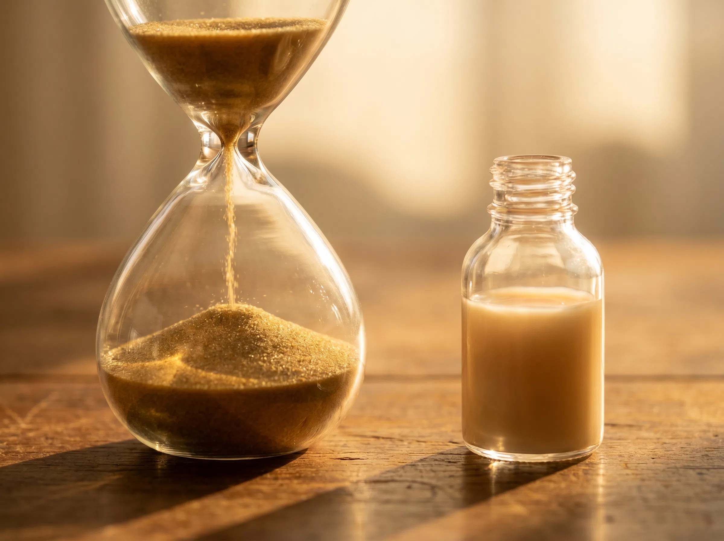 Eine Sanduhr mit goldenem Sand neben einer kleinen Flasche Rinderkolostrum, die das sechsstündige Entnahmefenster symbolisiert.