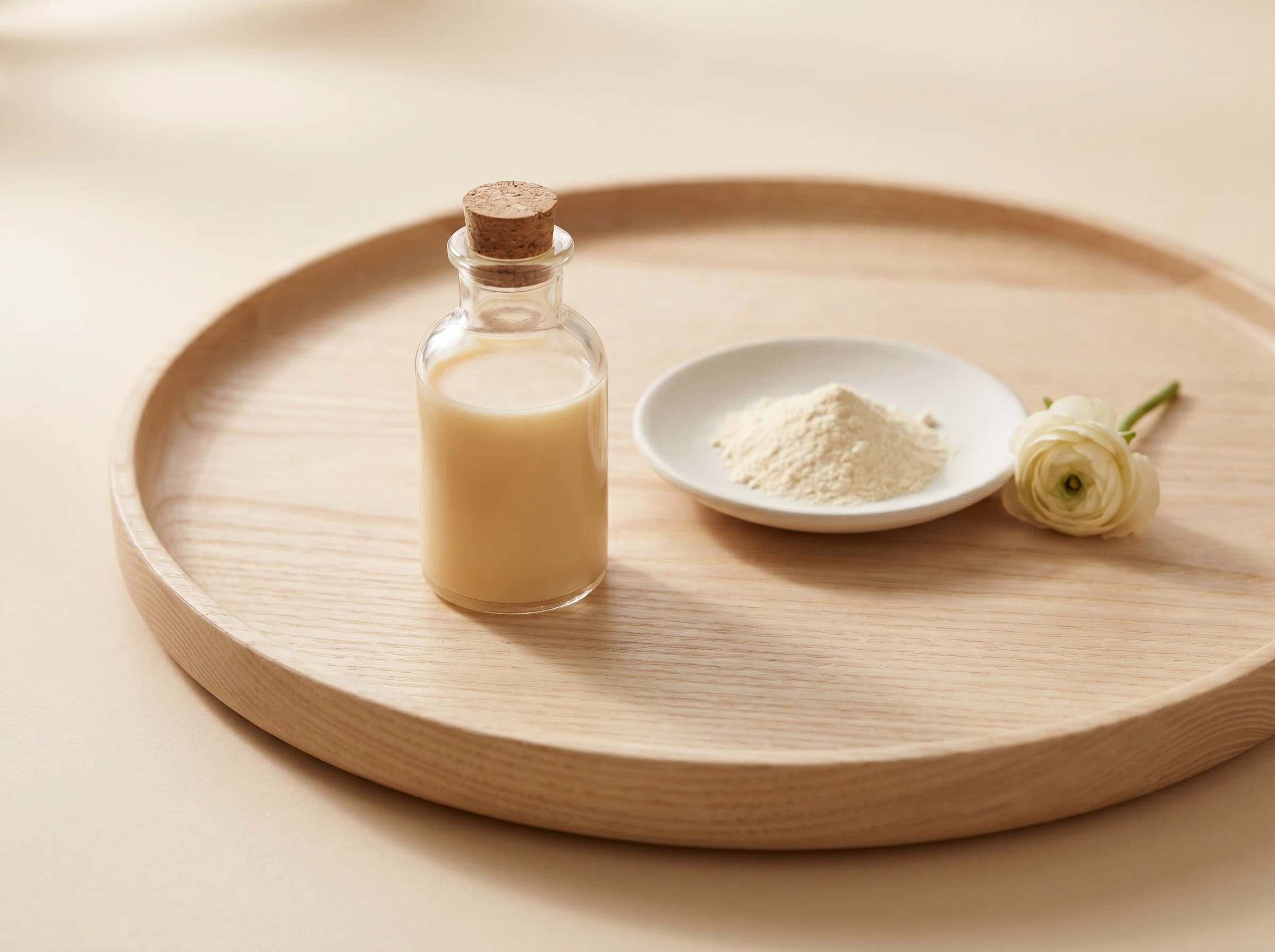 Holztablett mit einer Flasche flüssigem Kolostrum, einer Schale mit Kolostrumpulver und einem pflanzlichen Bestandteil