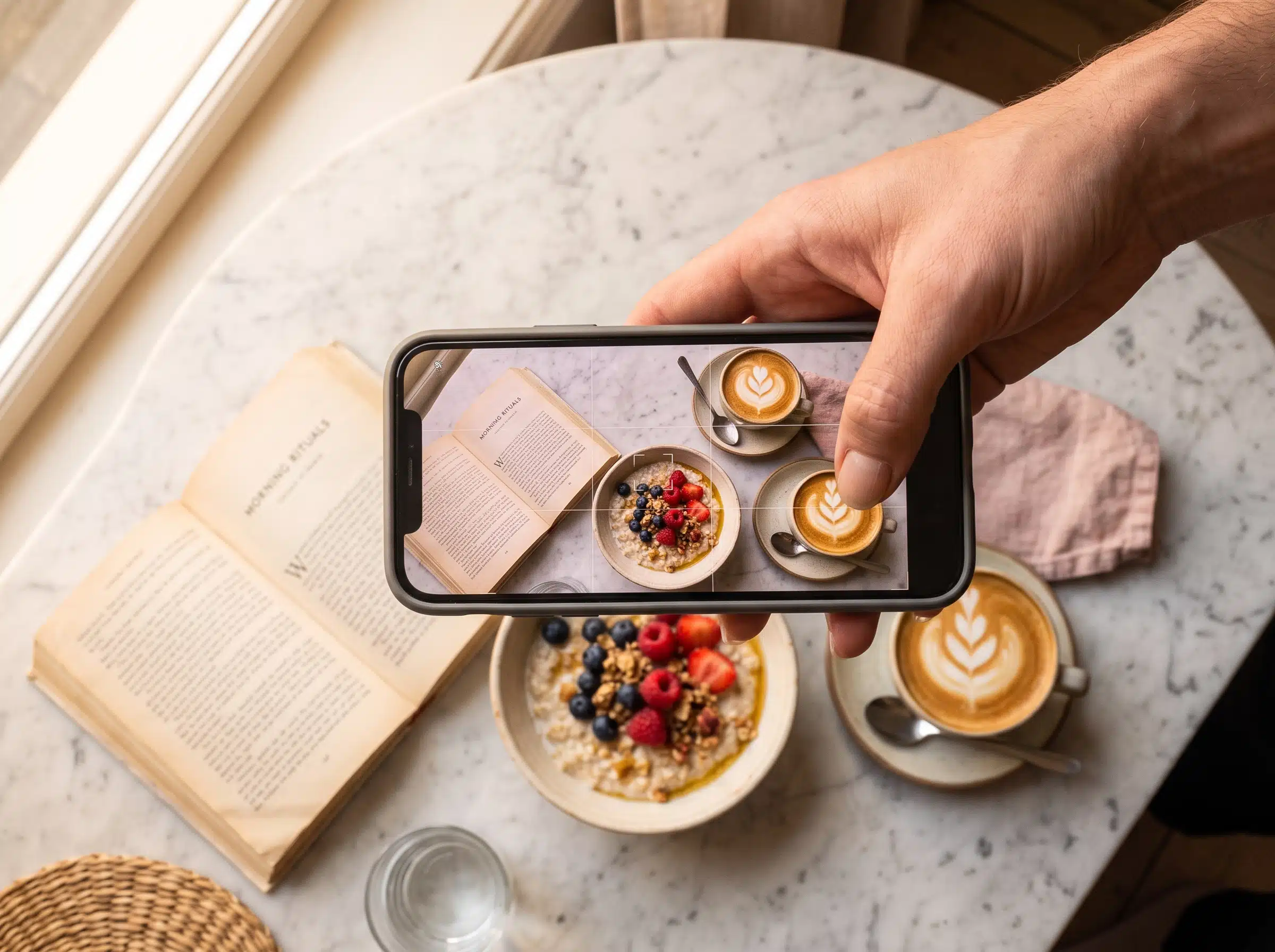 Eine echte Frühstücksszene mit dem Handy von oben aus der Hand fotografieren