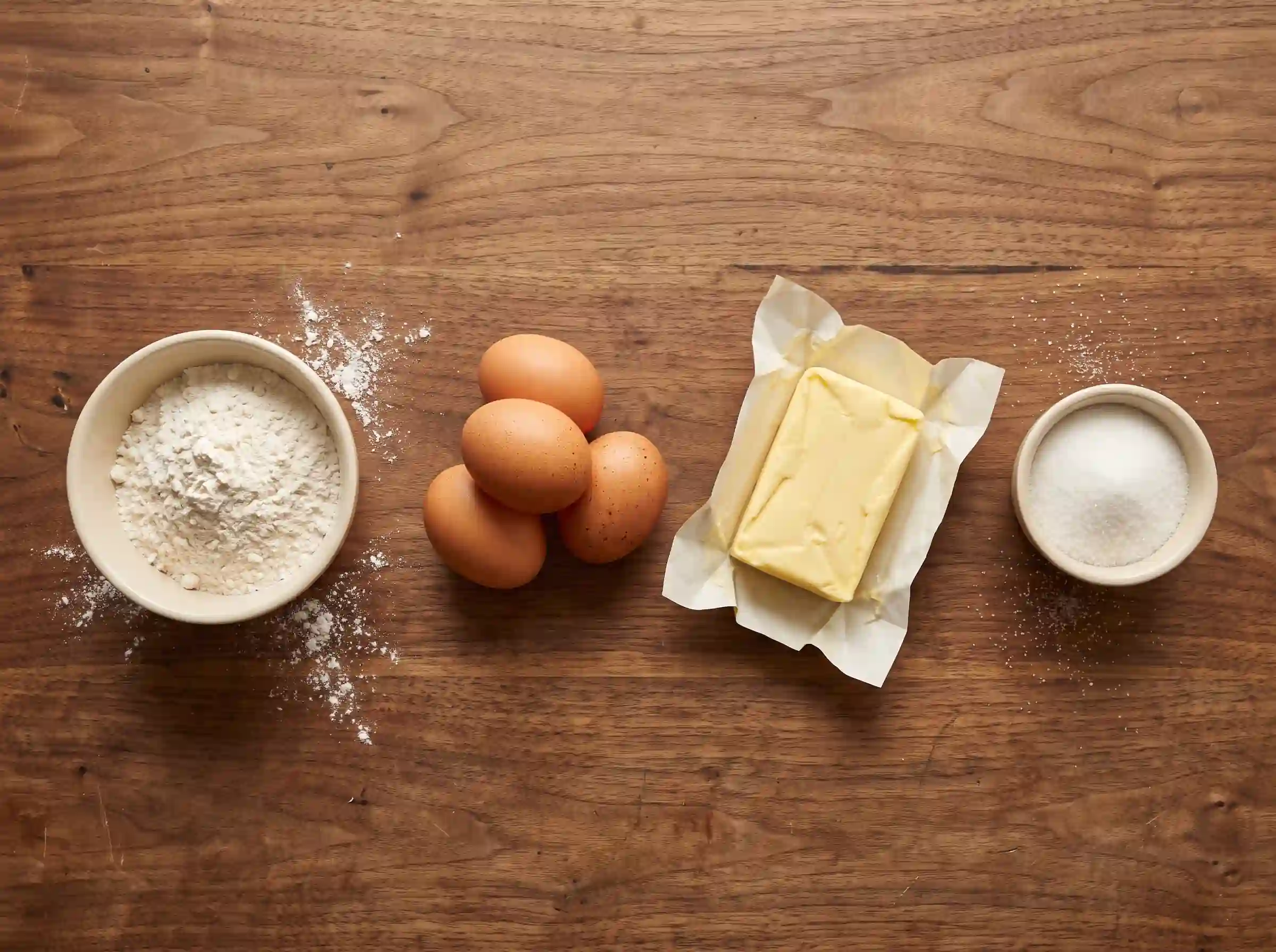 Tepung, telur, mentega dan gula yang disusun di atas kaunter kayu, menggambarkan bahawa senarai ramuan belum lagi menjadi formulasi.