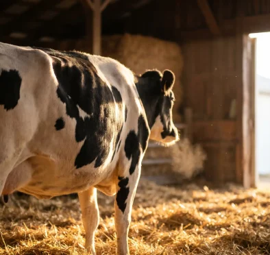 Lembu tenusu Holstein berdiri di kandang yang disinari matahari, haiwan sumber untuk kolostrum lembu pemerahan susu pertama yang berkualiti tinggi.
