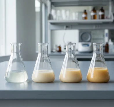 Deretan kelalang kon makmal yang mengandungi sampel kolostrum pada peringkat kolostrogenesis yang berbeza.