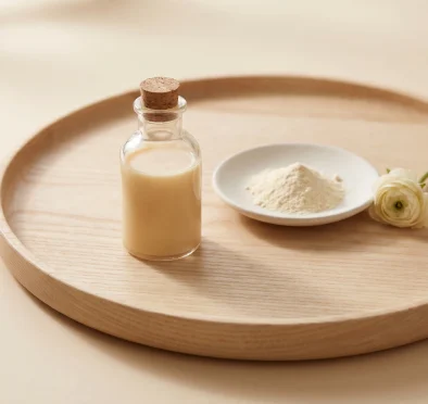 Dulang kayu dengan sebotol kolostrum cecair, sepiring serbuk kolostrum dan unsur botani