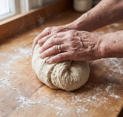 Les mains d’une personne âgée pétrissant de la pâte à pain sur un plan de travail en bois fariné, illustrant ainsi le maintien des capacités fonctionnelles comme un aspect essentiel du vieillissement en bonne santé.